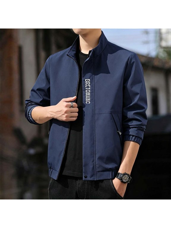 Mens Jacket Smart Casual Elastic Cuffs Lightweight Jacket for Weekend Outing, Daily Essential Loose Fit Jacket with Zip Pockets Blue