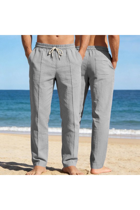 Mens Linen Pants Casual Loose Straight Leg Drawstring Pants with Pockets Everyday Essential Lightweight Pants for Daily Commute