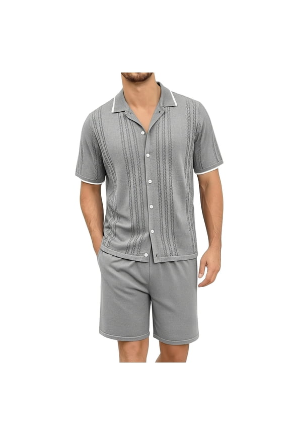 Mens Lounge Outfits Sets 2 Piece Cooling Touch Button Up Shirt Lightweight Elastic Waist Shorts Suits for Stay Home