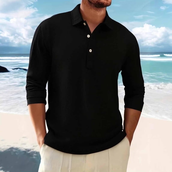 GSPCLAM Mens Polo Shirts Work Essential Linen Stretch Tops Solid Long Sleeves Lightweight Shirts for Office