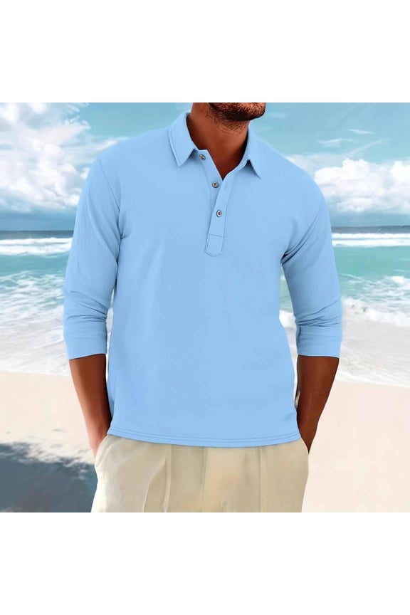 Mens Polo Shirts Work Essential Linen Stretch Tops Solid Long Sleeves Lightweight Shirts for Office