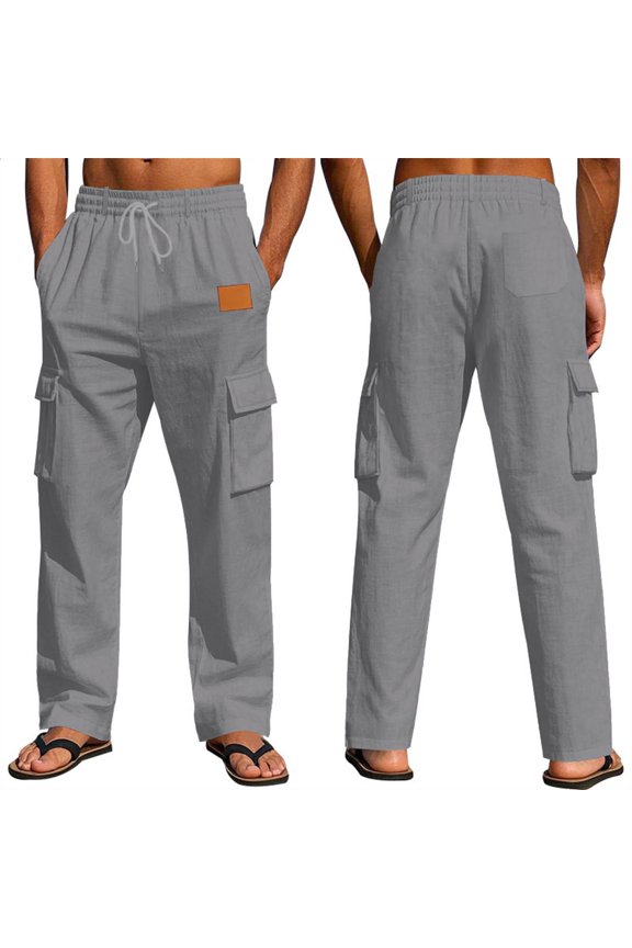 Mens Straight Leg Cargo Pants Loose Fit Breathable Drawstring Pants with Multi Pockets Summer Casual Pants for Evening Out