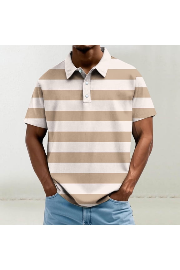 Mens Striped Polo Shirts Horizontal Striped Breathable Shirts Loose Fit Beach Top for Cruise