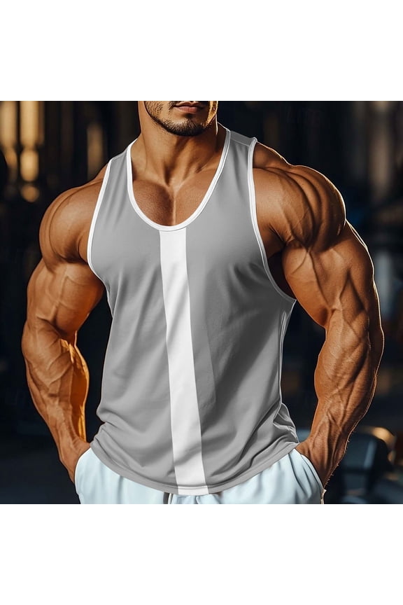 Mens Summer Tank Tops Contrast Trimmed Bodybuilding Tops Breathable U-Neck Tees for Gym