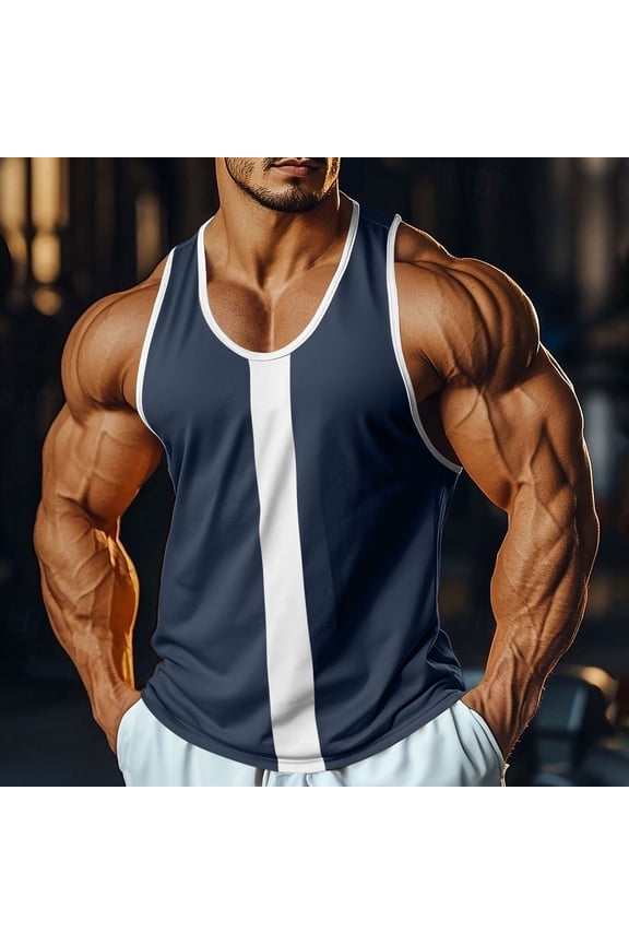Mens Summer Tank Tops Contrast Trimmed Bodybuilding Tops Breathable U-Neck Tees for Gym