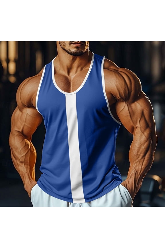 Mens Summer Tank Tops Contrast Trimmed Bodybuilding Tops Breathable U-Neck Tees for Gym