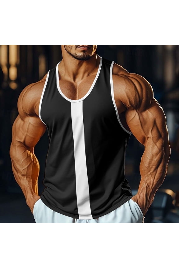 Mens Summer Tank Tops Contrast Trimmed Bodybuilding Tops Breathable U-Neck Tees for Gym