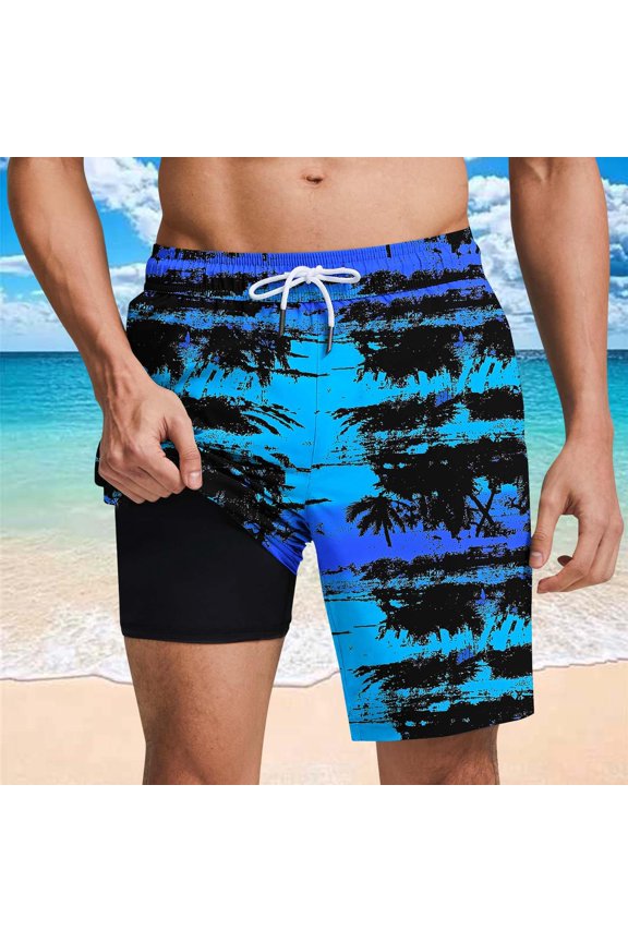 Mens Swimming Trunks Beach Vintage Palm Tree Print Elastic Waist with Drawstring 2 in 1 Quick Dry Swimming Trunks Soft Liner Active Casual Shorts for Cruise Blue XXXL