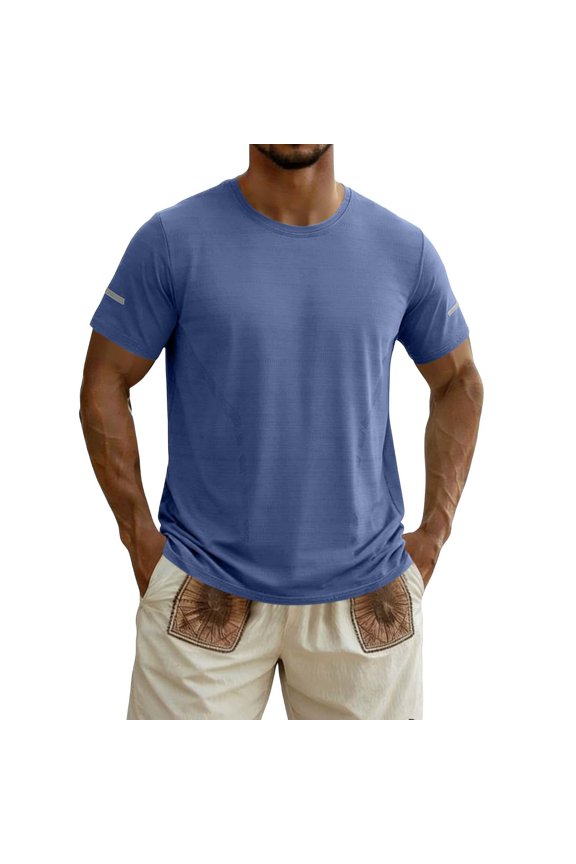 Mens Training T-Shirts Short Sleeve Lightweight Casual Crew Neck Basic Tees Breathable Summer Tops for Weekend Exercise Blue L