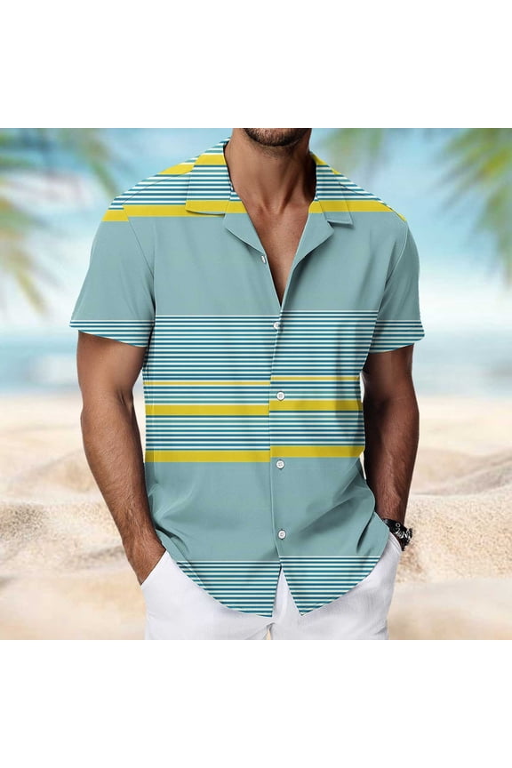 Mens Tropical Leaf Print Tops Summer Turndown Collar Short Sleeve Funny Retro Shirts with One Pocket Resort Wear Plus Size Tops for Water Park Multicolor L