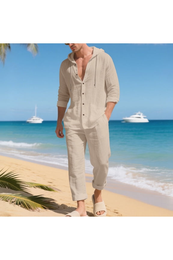 Mens Vacation Outfits Sets 2 Piece Soft Hooded Long Sleeve Button Up Shirt Breathable Drawstring Pants Suits for Island Party