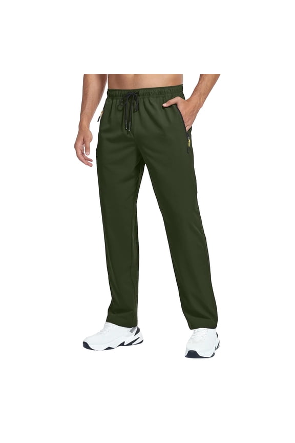 Pants for Men Athletic Quick Dry Drawstring Pants for Hiking, Lightweight Straight Leg Pants with Zip Pockets Army Green S