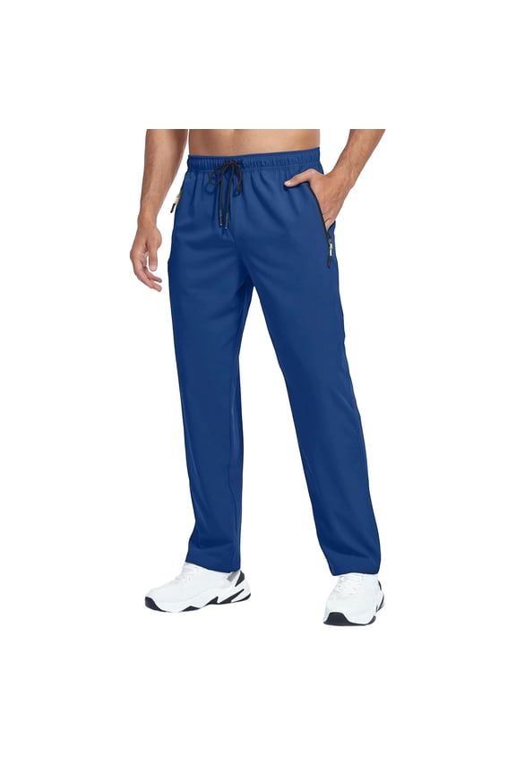 Pants for Men Athletic Quick Dry Drawstring Pants for Hiking, Lightweight Straight Leg Pants with Zip Pockets Blue M