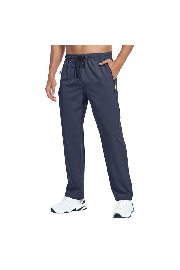 Pants for Men Athletic Quick Dry Drawstring Pants for Hiking, Lightweight Straight Leg Pants with Zip Pockets Navy M
