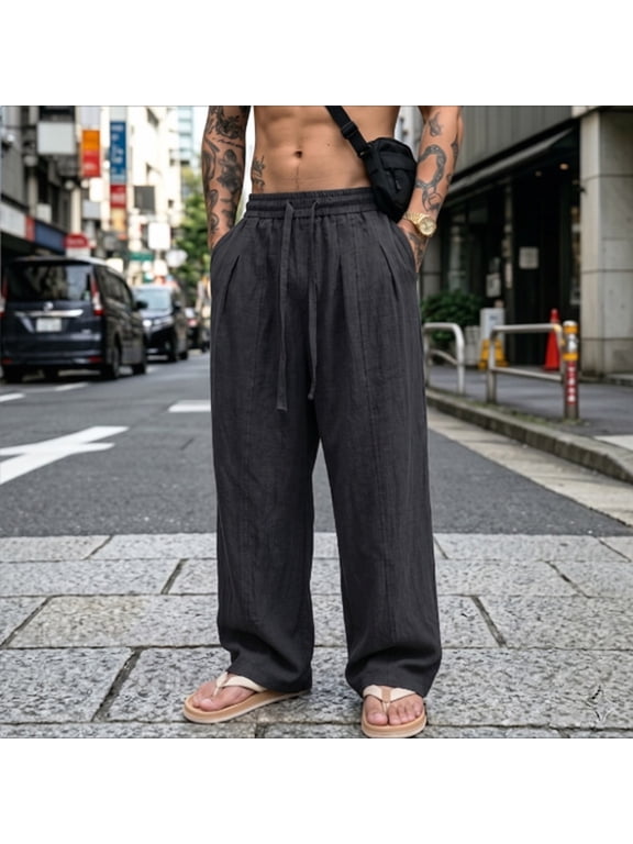 Pants for Men Big and Tall Lightweight Drawstring Vacation Pants for Travel, Casual Loose Fit Pants with Pockets Black XL