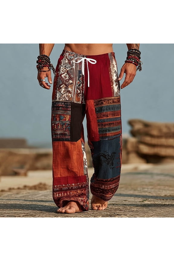 Pants for Men Patchwork Tribal Print Soft Pants for Travel, Lightweight Drawstring Pants with Pockets