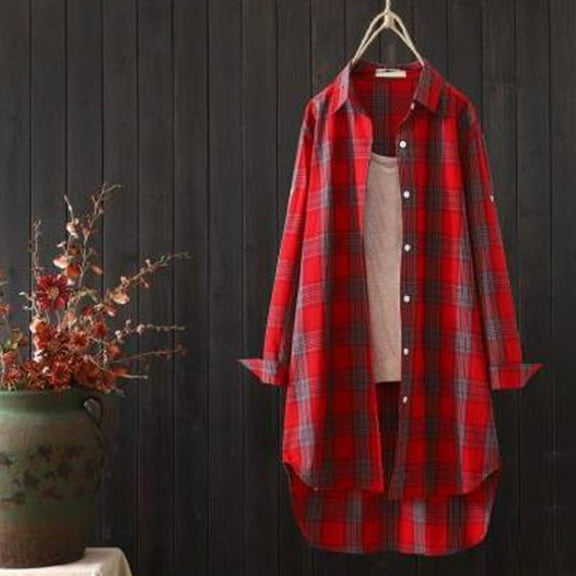GSPCLAM Plaid Graphic Blouses for Women Turn Down Cotton Linen Long Sleeve Button Down Plus Size Blouses for Taking a Walk Tunic Fall Trendy Outfits Red XXL