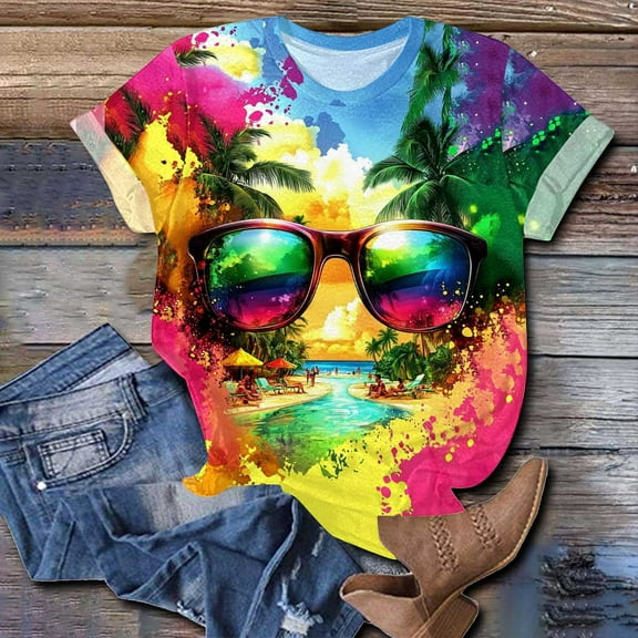 GSPCLAM Plus Size Tops for Women Travel Multicolored Blouse Summer Crew Neck Comfy Short Sleeve Tops Multicolor 5XL