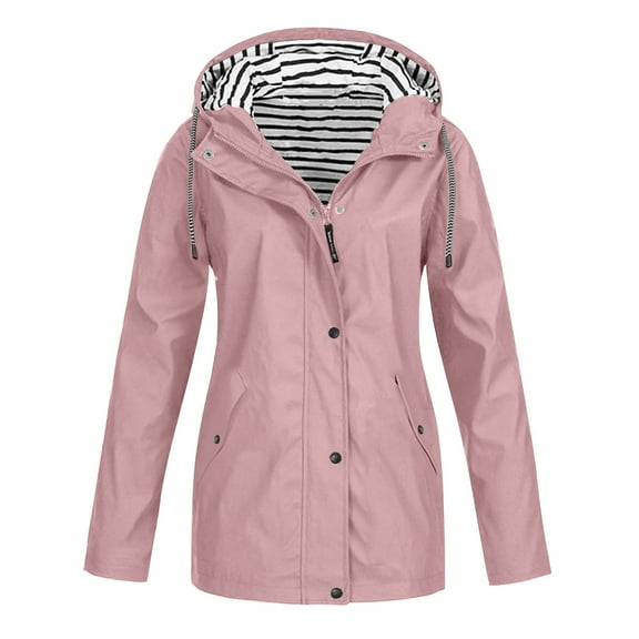 GSPCLAM Rainproof Jacket for Women Waterproof Zipper Jackets for Holiday Hooded Solid Color Lightweight New Coats Pink L
