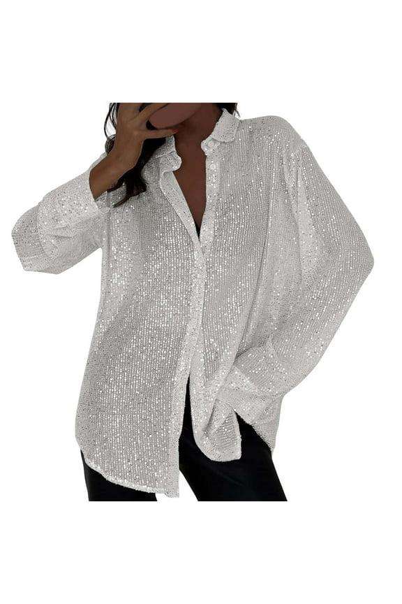 Solid Color Sequin Blouses for Women Turndown Collar Long Sleeve Turndown Tops for Touring Loose Fitted Fall Button Down Tunic Lightweight Outfits White S
