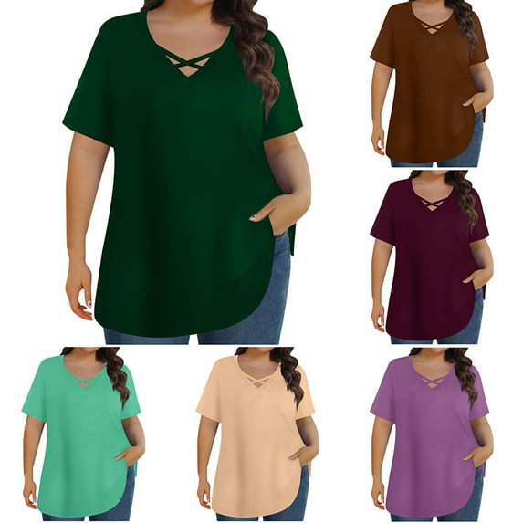 GSPCLAM Solid Color Tees for Women Lace V-Neck Plus Size T-Shirts Trendy Comfortable Summer Tops Army Green XXL