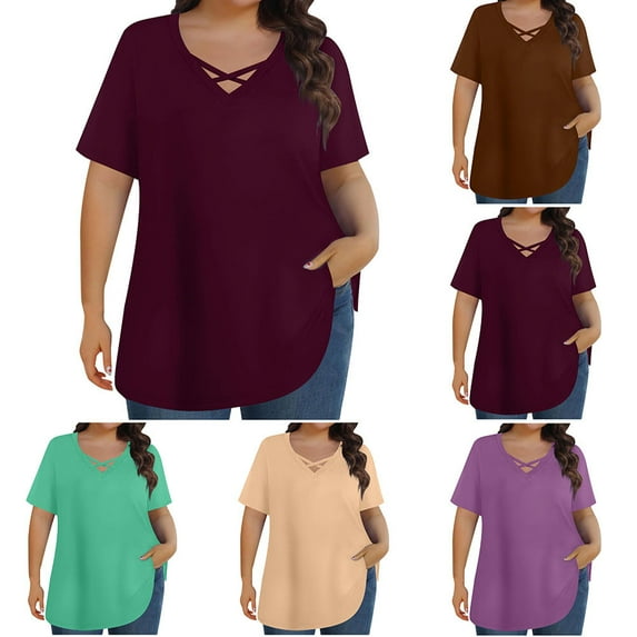 GSPCLAM Solid Color Tees for Women Lace V-Neck Plus Size T-Shirts Trendy Comfortable Summer Tops Wine 4XL