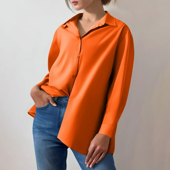 GSPCLAM Solid Color Tops for Women Fall Long Sleeve Tunic Solid Color Shirts for Holiday Turndown Collar Loose Button Down Trendy Clothes Orange S