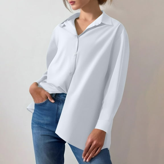 GSPCLAM Solid Color Tops for Women Fall Long Sleeve Tunic Solid Color Shirts for Holiday Turndown Collar Loose Button Down Trendy Clothes White M