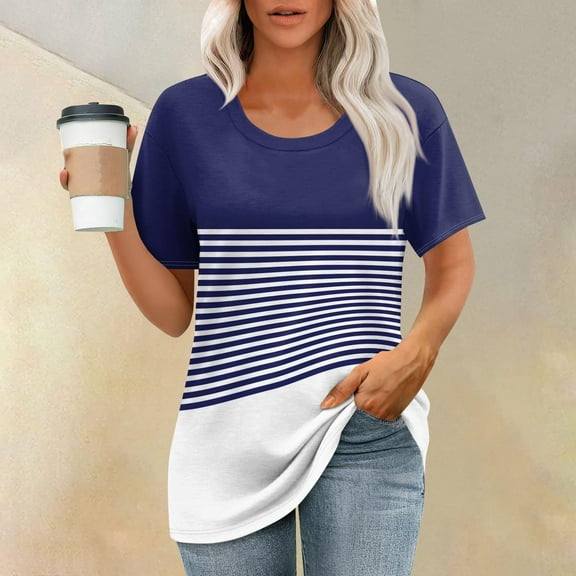 GSPCLAM Summer Blouses for Women 2025 Casual Crew Neck Short Sleeve Loose Fit Tops for Holiday Striped Print Plus Size T Shirts Dark Blue