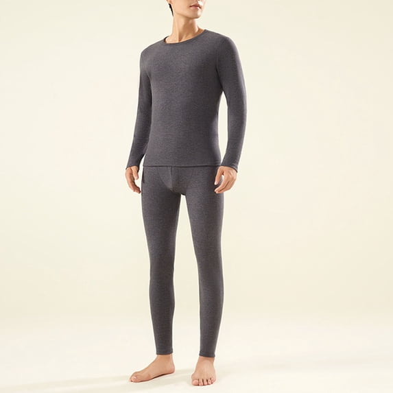 GSPCLAM Thermal Underwear Set for Men Big & Tall Solid Color Thermal Sleep and Lounge Outfit Slim Fit Round-Neck Thermal Top and Long Pants Underwear Sets Dark Gray 3XL
