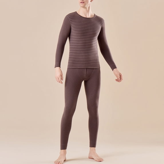 GSPCLAM Thermal Underwear Set for Men Crew-Neck Winter Inner Wear for Commute and Home‑wear Underwear Set with Horizontal Stripes Big & Tall Trendy Warmth Underwear Sets Coffee 4XL