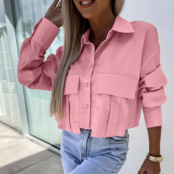 GSPCLAM Turndown Collar Shirt for Women with Pockets Turndown Collar Button Down Long Sleeve Solid Color Blouses for Out Going Fall Loose Warm Tops Pink L