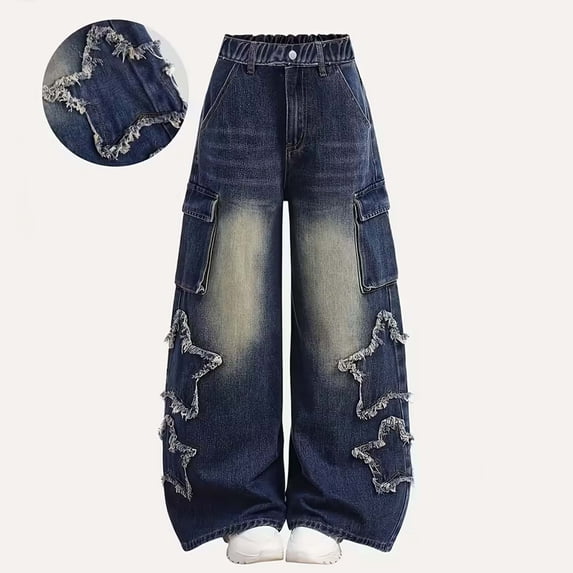 GSPCLAM Tween Girls Baggy Jeans Wide Leg Ripped High-Waisted Denim Pants Kids Cute Embroidered Summer Y2K Streetwear Trousers 5-6 Years