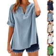 thumbnail image 1 of GSPCLAM V Neck T Shirts for Women Womens Plus Size Blouses Solid Color Cotton Linen Slip Hem 3/4 Sleeve Holiday Summer&Fall Fashion Clothing Blue XL, 1 of 6