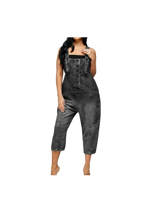 Women Denim Overalls with Pockets Solid Color Plus Size Jumpsuits for Work High Waisted Fall Trendy Trousers Black XXL