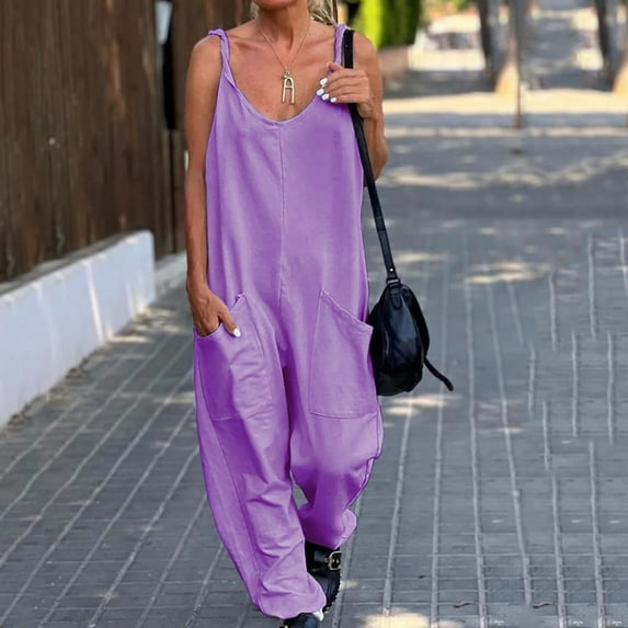 GSPCLAM Women's Fashion Overalls Fall High Waisted Plus Size Jumpsuits for Workout Solid Color Breathable Clothes Purple 3XL