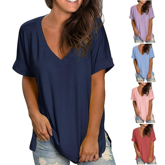 GSPCLAM Lightweight Plus Size Tshirt for Women V Neck Solid Color Tops for Holiday Short Sleeve Breathable Trendy Tops and Blouses Navy L