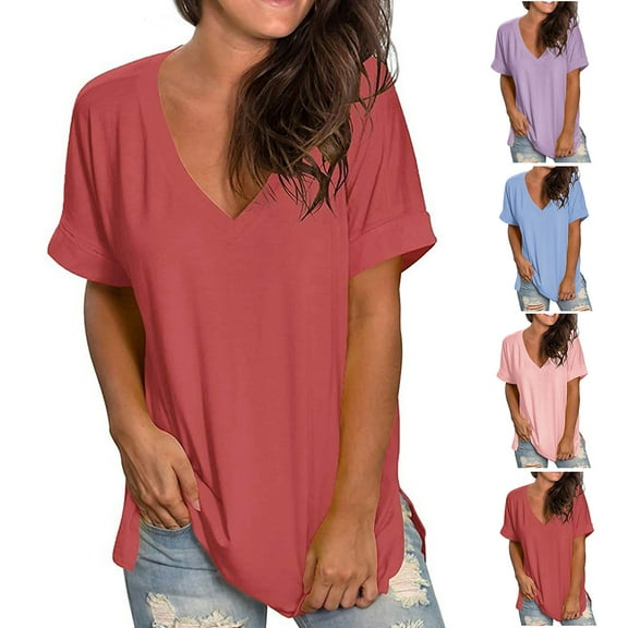 GSPCLAM Lightweight Plus Size Tshirt for Women V Neck Solid Color Tops for Holiday Short Sleeve Breathable Trendy Tops and Blouses Red L