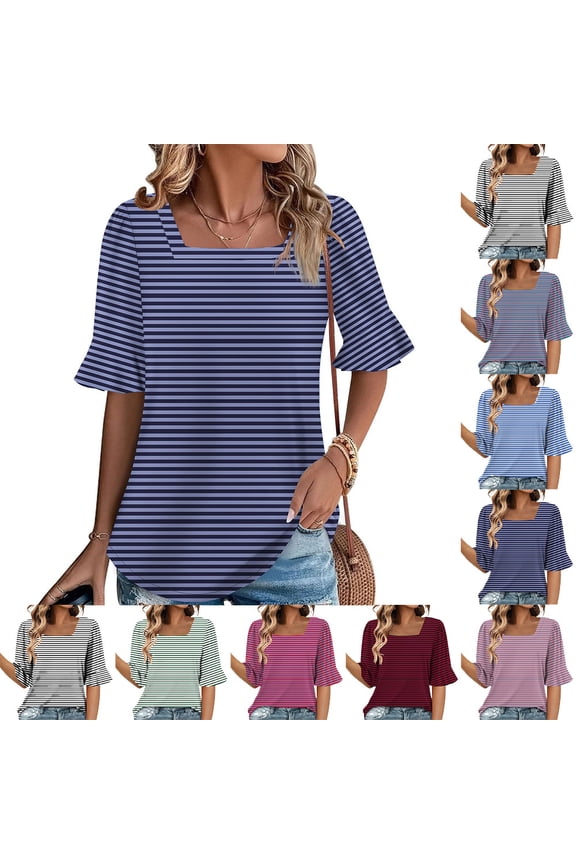 Women's T-Shirts Striped Pattern Crew Neck Loose Fit Tops for Outgoing Summer Fashionable Flow Blouse Dark Blue L