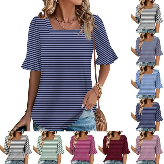 GSPCLAM Women's T-Shirts Striped Pattern Crew Neck Loose Fit Tops for Outgoing Summer Fashionable Flow Blouse Dark Blue S