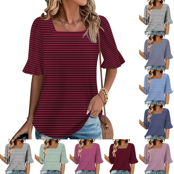 GSPCLAM Women's T-Shirts Striped Pattern Crew Neck Loose Fit Tops for Outgoing Summer Fashionable Flow Blouse Red XL