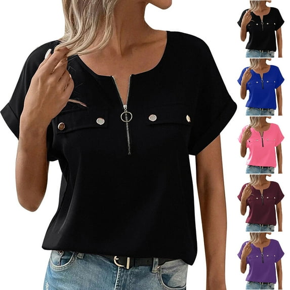 GSPCLAM Women's Tops Solid Color V-Neck Loose Fit Blouse for Vacation Short Sleeve Lightweight Summer Trendy Blouse Black M