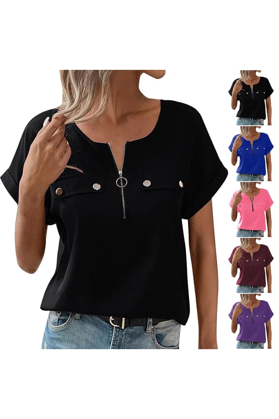Women's Tops Solid Color V-Neck Loose Fit Blouse for Vacation Short Sleeve Lightweight Summer Trendy Blouse Black XXL