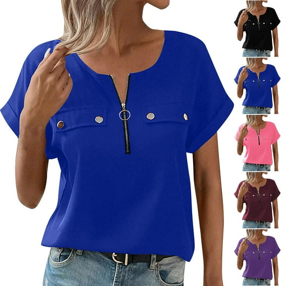GSPCLAM Women's Tops Solid Color V-Neck Loose Fit Blouse for Vacation Short Sleeve Lightweight Summer Trendy Blouse Blue L