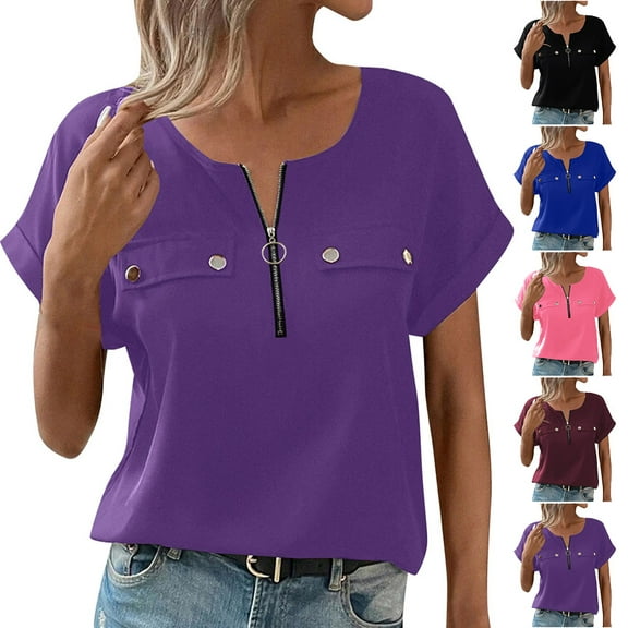GSPCLAM Women's Tops Solid Color V-Neck Loose Fit Blouse for Vacation Short Sleeve Lightweight Summer Trendy Blouse Purple XXL