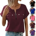 thumbnail image 1 of GSPCLAM Women's Tops Solid Color V-Neck Loose Fit Blouse for Vacation Short Sleeve Lightweight Summer Trendy Blouse Wine L, 1 of 6