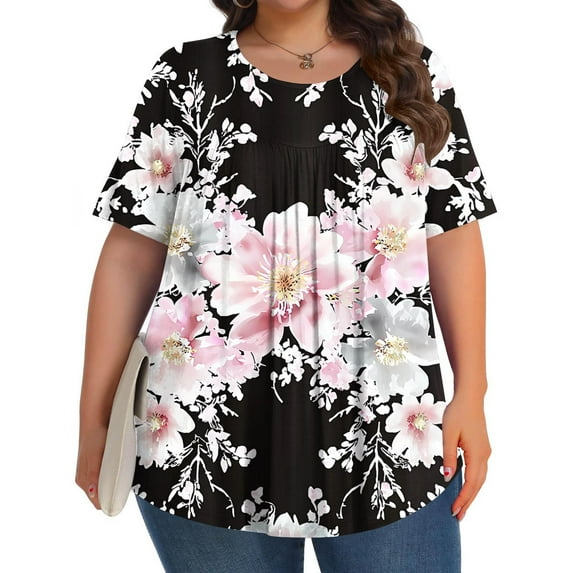 GSPCLAM Womens Blouses Plus Size Pleated Short Sleeve Tops for Home Summer Solid Color Crew Neck Loose Fit Casual Blouses Blue