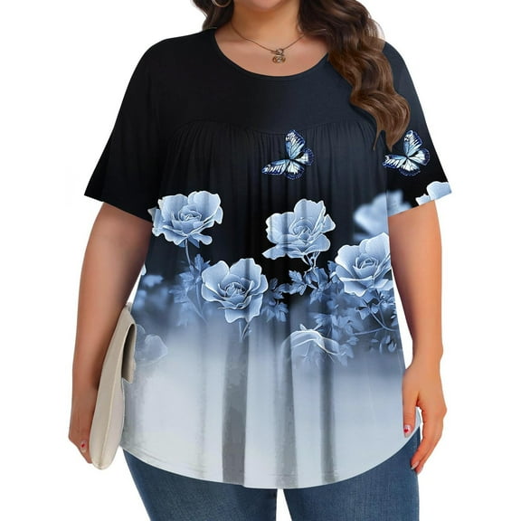 GSPCLAM Womens Blouses Plus Size Pleated Short Sleeve Tops for Home Summer Solid Color Crew Neck Loose Fit Casual Blouses Green