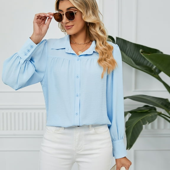 GSPCLAM Womens Button Down Blouses Long Sleeve Fall Button Down Turndown Collar Solid Color Tops for Taking a Trip Loose Tunic Comfy Tops Sky Blue XXL