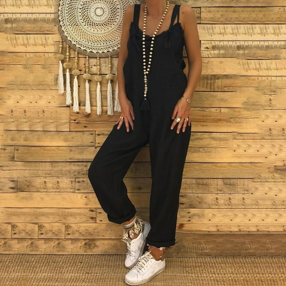 GSPCLAM Womens Cotton Linen Overalls Plus Size Jumpsuits for Touring Straight-Leg Solid Color Fall Fall New Trousers Black M